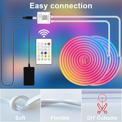 Cozylady RGB Neon Light LED Rope Light,Waterproof Bluetooth APP Remote Control Music Sync Strip Light,24V Flexible DIY Silicone Light for Bedroom Home Indoor Outdoor Decoration (100Ft/30M)