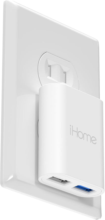 iHome Slim 2-Port USB Wall Charger, Flat Multiport Travel Plug Adapter | Dual USB-A ports, 2.4A Rapid Charge, Foldable Prongs, Slim Design, Compatible with iPhone, Android, iPad, AirPods for Home