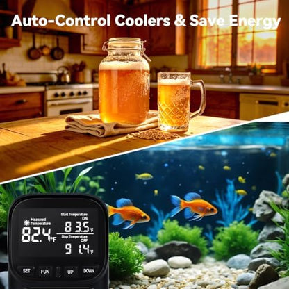 1800W Digital Thermostat for Reptile Tank, -40℉~210℉, Plug in Thermostat for Heater/Greenhouse with 5m/2m Cable, 15A Temperature Controlled Outlet with VA Display, Temp ±0.1°F, Black