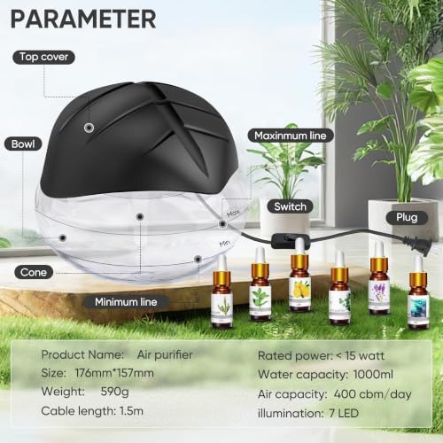 Water Based Air Purifier for Home with Essential Oil Diffuser and Humidifier Function, Rainbow Air Washer with LED Light, Freshener for Smoke and Pet Odors, Includes 6x10ml Essential Oils (Black)