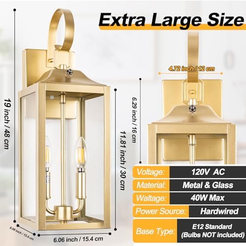 19" Dusk to Dawn Outdoor Wall Lantern 2-Light, Gold Outdoor Wall Lights