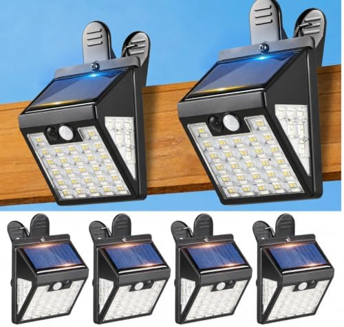 4 Pack Clip On Solar Lights Outdoor,Motion Sensor Outdoor Lights, 72LEDs 600LM Solar Lights with Motion Sensor,Outdoor Solar Lights for Fence,Deck Railing, Gutter,Patio,Garden (6000-6500K)