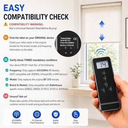 15-Channel Blind Remote Controller, Black -Replacement for Motorized Roller Shades, Window Blinds & Shades - Compatible with Rollerhouse ERB22,ERB25, EY1612, EY2512 Motors