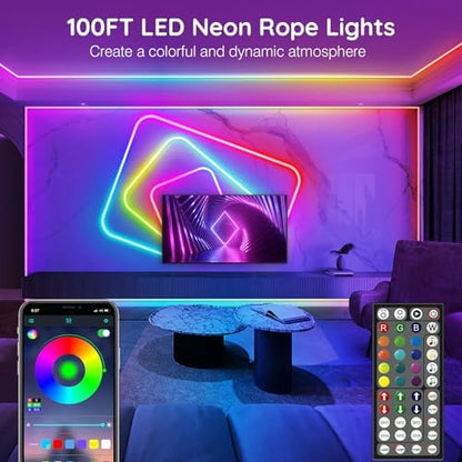 AILBTON Led Neon Rope Lights 100Ft,Flexible,Control with App/Remote,Multiple Modes,IP65 Outdoor RGB Waterproof,Music Sync Gaming Strip Lights for Bedroom Indoor