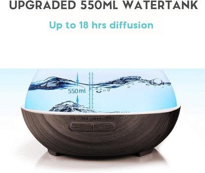 550ml Large Capacity Essential Oil Diffuser with 6 Aromatherapy Oils Set,Ultrasonic Air Humidifier with Timer and 7 Color LED Night Light Waterless Auto-Off Dark Wood Grain