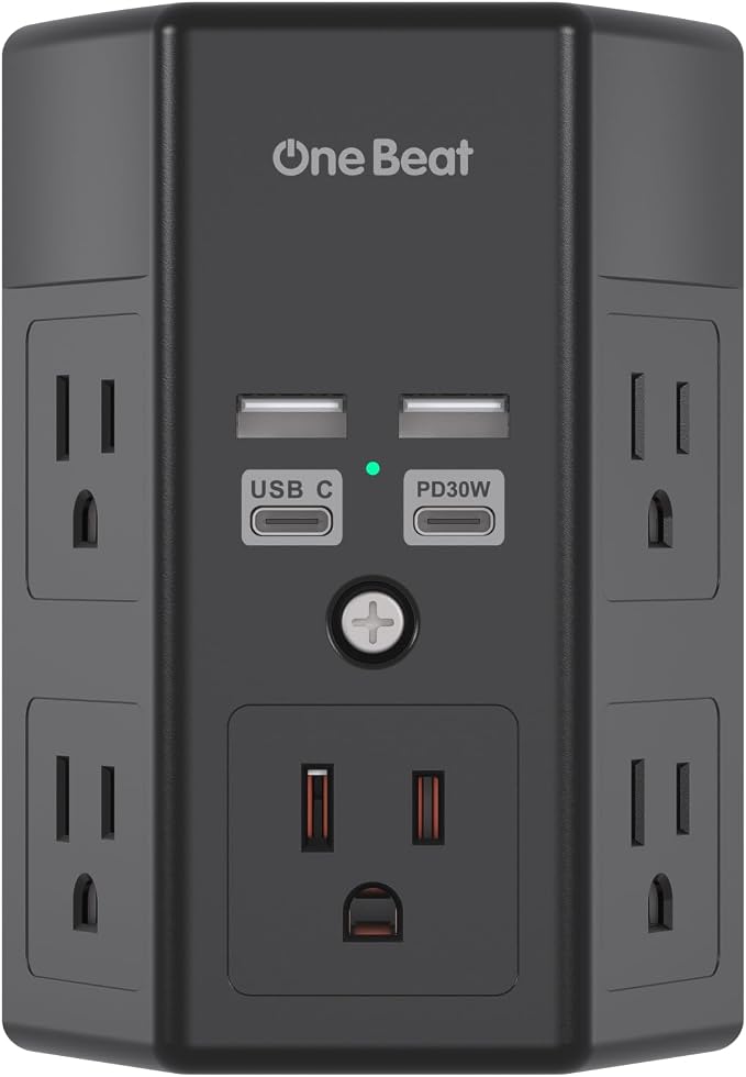One Beat Surge Protector Wall Outlet Extender, 5 Outlets & 4 USB Ports (30W USB-C PD), 1680J, 3-Sided Multi Plug Outlet Adapter, Outlet Splitter, Wall Mount, ETL Listed for Home Office Travel-Black