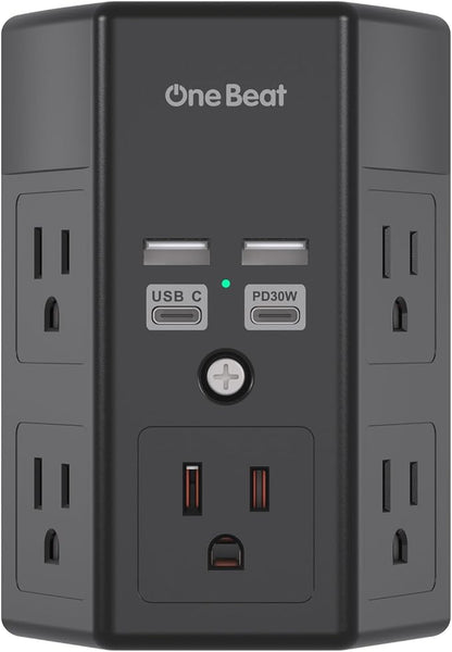 One Beat Surge Protector Wall Outlet Extender, 5 Outlets & 4 USB Ports (30W USB-C PD), 1680J, 3-Sided Multi Plug Outlet Adapter, Outlet Splitter, Wall Mount, ETL Listed for Home Office Travel-Black