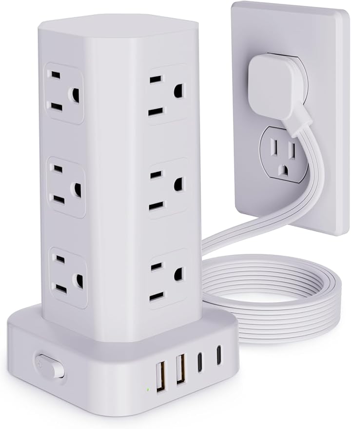 Power Strip Tower Surge Protector, 10FT Flat Plug Extension Cord with Multiple Outlets, 12 AC Outlets 4 USB (2 USB C), Desktop Charging Station with Surge Protection for Home Office Dorm Room, White