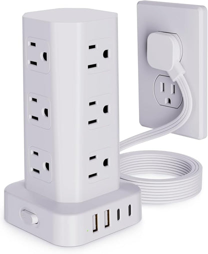 Power Strip Tower Surge Protector, 10FT Flat Plug Extension Cord with Multiple Outlets, 12 AC Outlets 4 USB (2 USB C), Desktop Charging Station with Surge Protection for Home Office Dorm Room, White