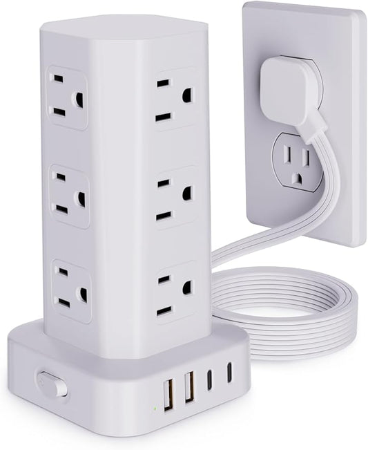 Power Strip Tower Surge Protector, 10FT Flat Plug Extension Cord with Multiple Outlets, 12 AC Outlets 4 USB (2 USB C), Desktop Charging Station with Surge Protection for Home Office Dorm Room, White