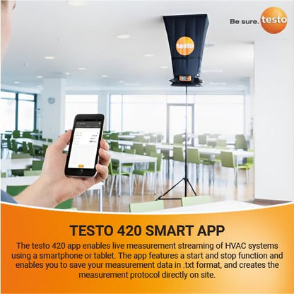 Testo 420 Flow Hood – Airflow Meter HVAC for Air Velocity, Volume Flow, Temperature & Relative Humidity – CFM Meter for Airflow HVAC with Tiltable Display, Bluetooth, and App Compatibility