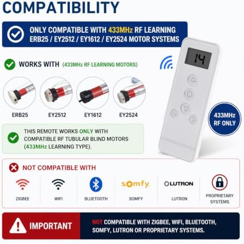 14 Channel RF Remote Control for Roller Shades – Compatible with ERB25/EY2512 Motorized Blinds Systems, Individual & Group Control, Replace Lost or Broken Remote for RF Tubular Motors (Not Universal)