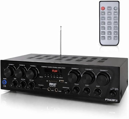 Pyle Bluetooth Wireless Home Amplifier System - Upgraded 6 Channel Audio, 750 Watt Power, Easy Karaoke, Stereo Receiver w USB-A, Micro SD, Headphone, 2 Microphone Input w/Echo, Talkover for PA