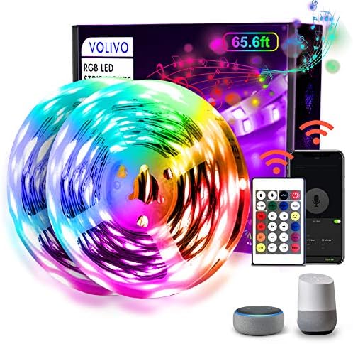 VOLIVO 65.6 FT WiFi LED Strip Lights,LED Light Strip Compatible with Alexa and Google Home,App/Remote/Voice Controlled Music Sync Color Changing Lighting for Bedroom Kitchen,Party,TV