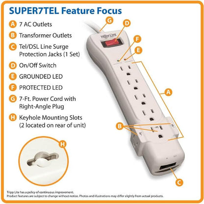 Tripp Lite 7 Outlet Surge Protector Power Strip, 7ft, Right-Angle Plug, Fax/Modem Protection, RJ11, $75,000 Insurance (SUPER7TEL), Gray, 10.3" x 2.8" x 1.5"