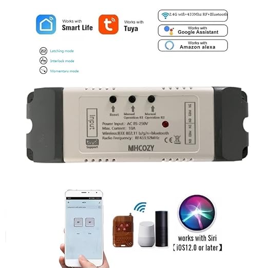 2CH WiFi RF Wireless Switch Relay,Inching Self-Locking Interlock Mode,Compatible with Alexa Goolge Home (Smart Life app WiFi RF AC 85-250V)