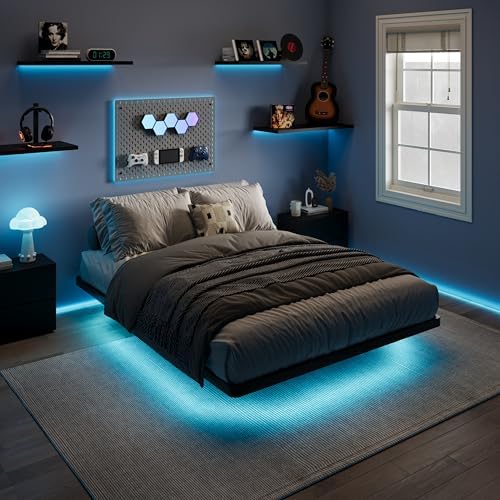 SHA CERLIN Queen Size Floating Bed Frame with Smart LED Lights, Black