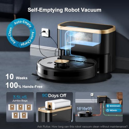 Robot Vacuum and Mop, 11500 Pa Suction, 3-in-1 Robotic Vacuum with Smart LiDAR Navigation, 90 Day Self-Emptying,160 Min Runtime,App/Alexa/Voice Control, Ideal for Pet Hair, Carpet & Hard Floor