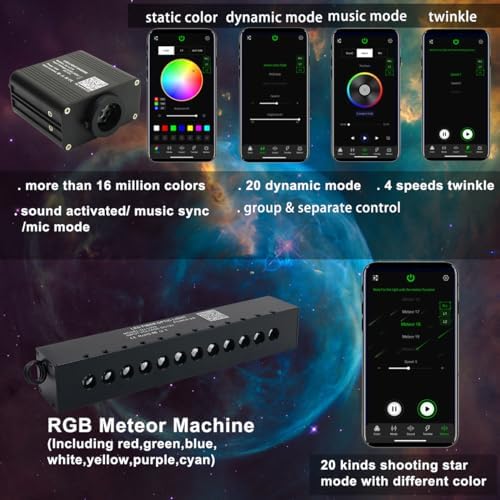AZIMOM 16W Twinkle & Sound Activate 550pcs*0.03in*9.8ft Fiber Optic Starlight Headliner Kits+RGB Meteor Shooting Star,APP& Remote Control Light Engine End Glow Fiber Strands Home Car Ceiling Décor