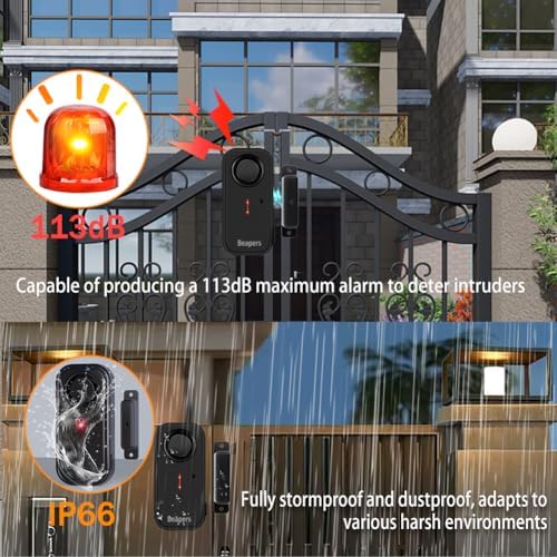 Personal Security Waterproof Door/Window Alarm - IP66 Waterproof with Remote Control, 113dB, Alarm/Doorbell Mode, Upgraded door gap spacing - Indoor/Outdoor Anti-Theft (1 Main Unit & 1 Remote Control)