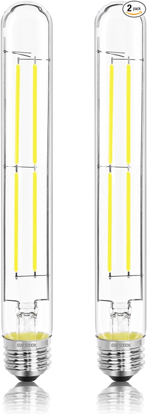 8.9IN LED Light Bulbs E26 Base, 6W 800LM 5000K Daylight White T10 T9 Vintage Edison Bulbs Dimmable, AC 120V Equal 80 Watt Clear Glass Long Tubular Filament Bulb, UL Certified - 2Pack
