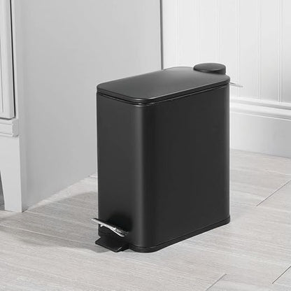 mDesign Slim Metal Rectangle 1.3 Gallon/5 Liter Trash Can with Step Pedal, Easy-Close Lid, Removable Liner - Narrow Wastebasket Garbage Container Bin for Bathroom, Bedroom, Kitchen - Black