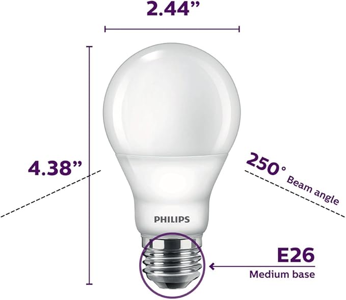 Philips LED 4 Pack A19 Soft White Dimmable Warm Glow LED, 2200-2700 Kelvin, 800 Lumen, 8.8W=60W, E27 Base