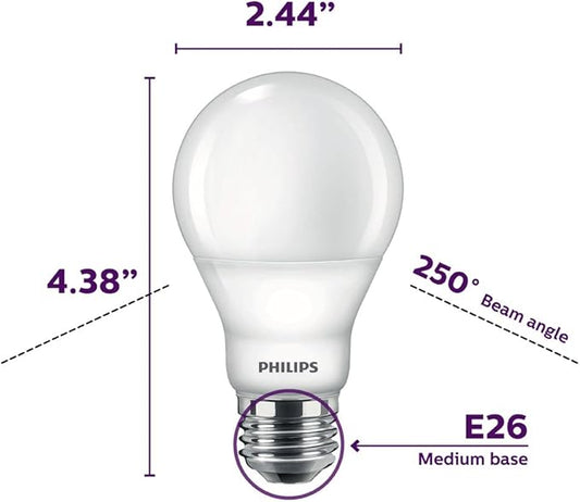 Philips LED 4 Pack A19 Soft White Dimmable Warm Glow LED, 2200-2700 Kelvin, 800 Lumen, 8.8W=60W, E27 Base