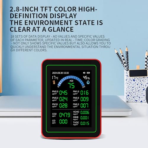18 in 1 Air Quality Tester for Home, Indoor Air Quality Monitor, with Air Quality Index, CO2, HCHO, TVOC, PM5.0, PM0.3, PM1.0, PM2.5, PM10 etc, Support Data Storage and