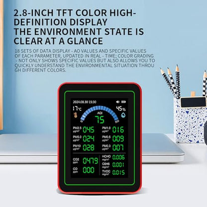18 in 1 Air Quality Tester for Home, Indoor Air Quality Monitor, with Air Quality Index, CO2, HCHO, TVOC, PM5.0, PM0.3, PM1.0, PM2.5, PM10 etc, Support Data Storage and