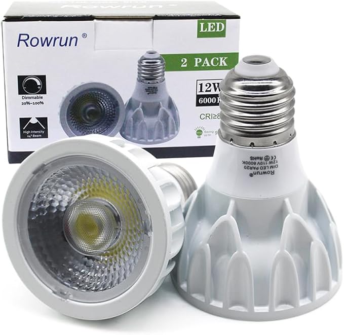PAR20 LED Bulb 12W Dimmable 6000K Daylight White, COB Spotlight 24° Beam Angle, 1200LM 100W Equivalent, E26 Base for Recessed Lighting, Track Lights, Flood Lamps, (2-Pack)