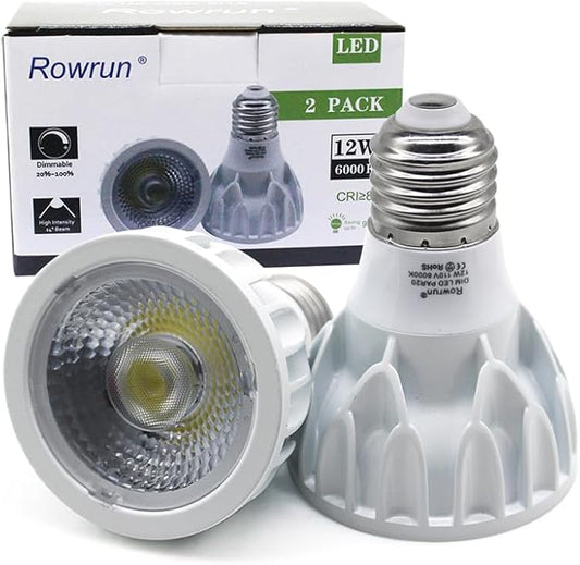 PAR20 LED Bulb 12W Dimmable 6000K Daylight White, COB Spotlight 24° Beam Angle, 1200LM 100W Equivalent, E26 Base for Recessed Lighting, Track Lights, Flood Lamps, (2-Pack)