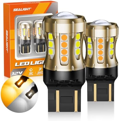 SEALIGHT 7443 Switchback LED Bulb Dual Color 7440 7444NA T20 7444 7441 W21W 992 LED Amber for Front Turn Signal Lights, White for DRL/Parking Lights with Extra Resistor (Pack of 2)