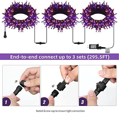 300 LED Halloween String Lights, 98.5FT with 8 Modes, Waterproof, Plug in for Indoor/Outdoor Party Decorations (Purple & Orange)