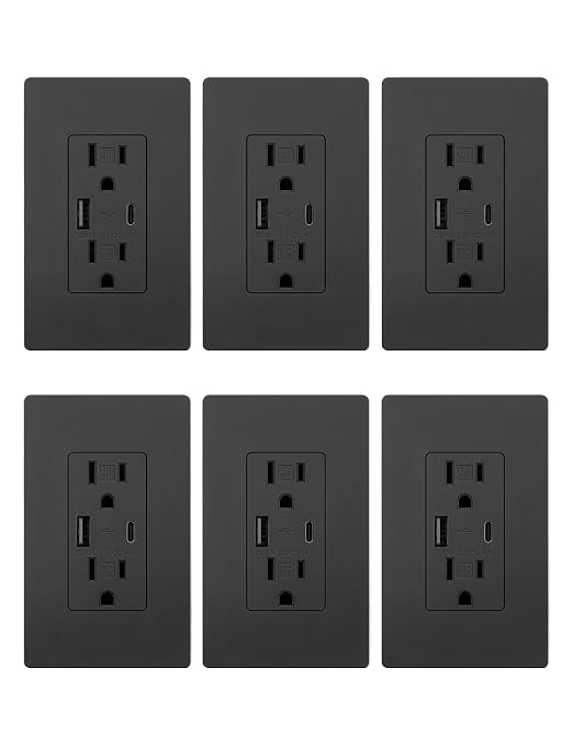 MOES USB Wall Outlet 15 Amp, USB-C and USB-A 24W Charging, Black, 6 Pack