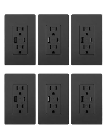 MOES USB Wall Outlet 15 Amp, USB-C and USB-A 24W Charging, Black, 6 Pack