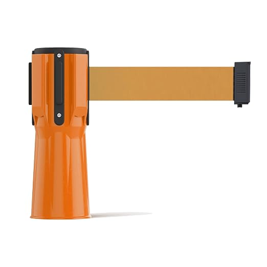 Trafford Industrial 11 Ft. Cone-Mounted Retractable Belt Barrier | Orange ABS Case and Brown 2-inch Herringbone Webbing, Fits Standard Traffic Cones, 4-way Receiver with Controlled Retraction