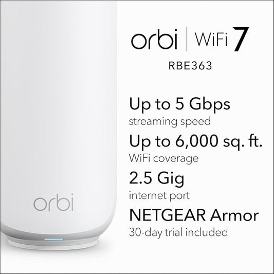 NETGEAR Orbi 360 Series Dual-Band WiFi 7 Mesh Network System for Home (RBE363) – Wireless Router (no Modem) + 2 Extenders, 5 Gbps, Covers 6,000 sq.ft., 70 Devices, 2.5GB Internet Port, BE5000