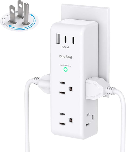 Surge Protector Outlet Extender with Rotating Plug, 6 AC Multi Plug Outlet with 3 USB Ports (2 USB C), 1800 Joules, 3-Sided Swivel Power Strip with Spaced Outlet Splitter for Home, Office, Dorm, White