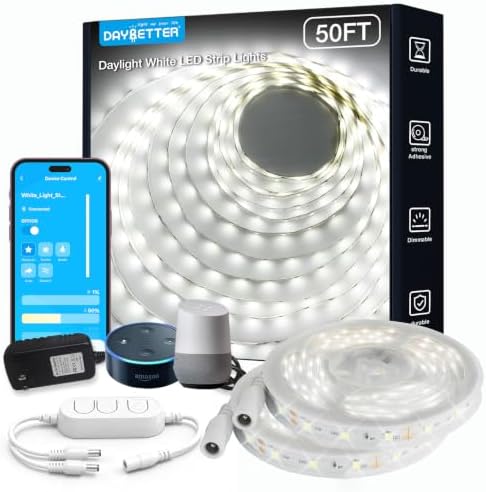 DAYBETTER Smart WiFi White Led Strip Lights 50 ft with Control Box, 6500K, Dimmable White Led Lights Compatible with Alexa and Google Assistant, 720 LEDs, for Bedroom, Kitchen Cabinets, Living Room