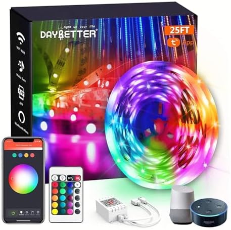 DAYBETTER Smart WiFi Led Lights, Phone App Controlled, Compatible with Alexa and Google Assistant, Timer Schedule, RGB Strip Color Changing Décor for Bedroom Party Kitchen, 25ft