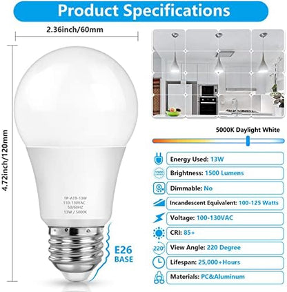 MAXvolador A19 LED Light Bulbs, 100 Watt Equivalent, Daylight White 5000K, 1500LM, E26 Base, Non-Dimmable, 13W Bright White Bulbs, 10-Pack