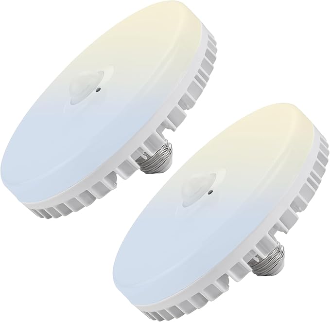2 Packs18W Smart Commercial Garage LED Light Bulb, Motion Sensor & Bluetooth App Control (iOS), 120-277V, 1900 Lumens, E26 Base, 3000K-5000K Tunable, 1-100% Dimmable