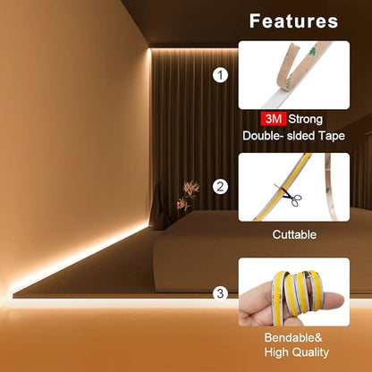 8mm 3000K Warm White COB LED Strip 24V DC Light Tape 480LEDs/m 16.4FT RA>90 High Lumen for House Kitchen Room House Ceiling Dedroom Decorative Lighting (DC24V, Without Power Supply)