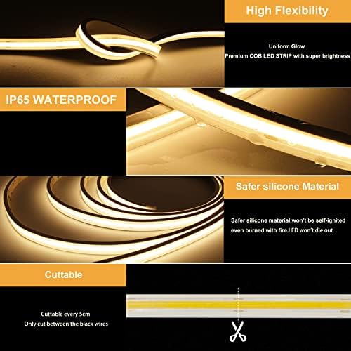 Pandery COB LED Strip Lights,2700K Warm White,24V led Light Strips Waterproof,480LEDs/M,16.4ft/5M,CRI90+ Outdoor cob led,Ip67 Sauna Lights for Sauna Room,Pool,Garden,(Power Not Included)