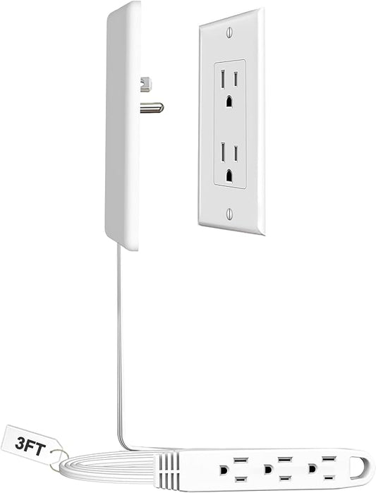 CABOCASA 3FT Ultra Flat Plug Extension Cord Power Strip with 3 Outlets, Patented Detachable Ultra-Thin Outlet Cover Concealer & Ultra-Flat Plug, Max. 13A 125V 1625W ETL Listed, White Color