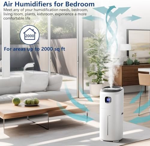 KZF Humidifiers for Bedroom, 15L Large Room Humidifier, 2000 Sq.ft Coverage, 72Hrs Runtime, Top Fill, 26dB Quiet, 3 Mist Levels & Diffuser, Auto Shut-Off, Ready for Baby Nursery Home and Plants