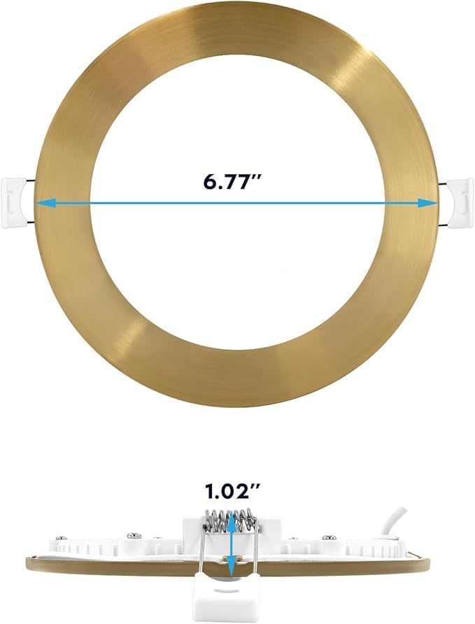 LUXRITE 6 Inch Ultra Thin LED Recessed Light with J-Box, 12W, 5 Color Options 2700K | 3000K | 3500K | 4000K | 5000K, Dimmable Wafer Light, 1000 Lumens, Brass Trim, Energy Star, IC Rated (4 Pack)
