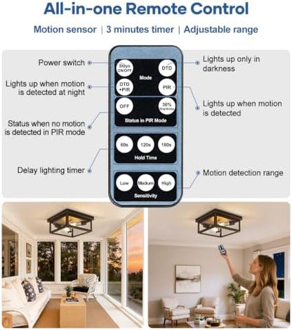 Motion Sensor Outdoor Ceiling Light with Remote, 10 Inch Brown and Gold Flush Mount Porch Light Fixture with United Glass Cover, 5 Modes Outside Flush Mount Light for Porch, Garage, Entryway