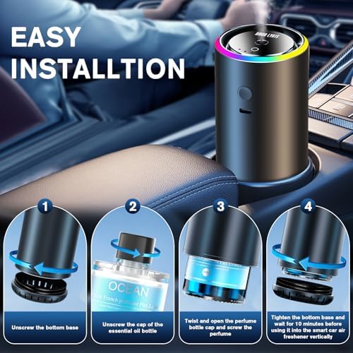 Smart Car Air Freshener, Car Air Freshener Diffuser with 100ml Perfume, Long Lasting Lasts 6 Months, RGB Music Syncing Light, Auto On/Off, 5 Adjustable Rechargeable Aroma Diffuser, New Car Smell